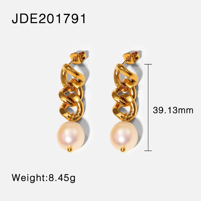New 18K Gold Plated Baroque Pearl Dangle Earrings Geometric Stainless Steel Cuban Chain Freshwater Pearl Earrings For Women