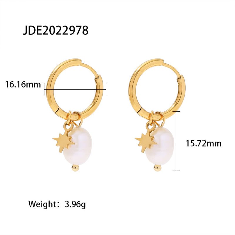 INS Style 18K Gold Plated Natural Freshwater Pearl Star Pendant Earrings For Women Fashion Versatile Stainless Steel Hoop Earrings