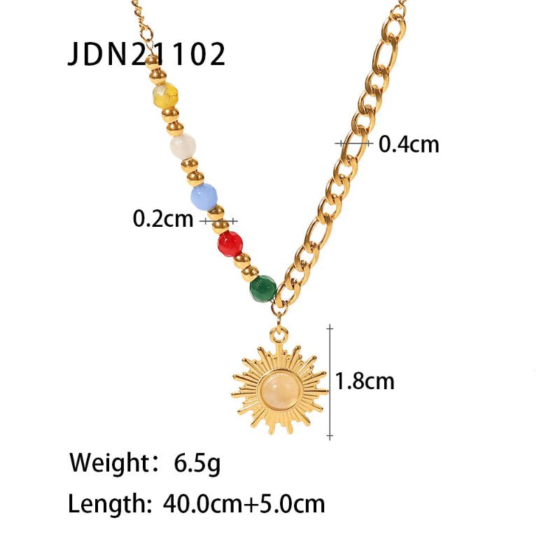 INS French New Titanium Steel Pendant Necklace 18K Gold Natural Stone Cat Eye Sun Pendant Color Stone Necklace