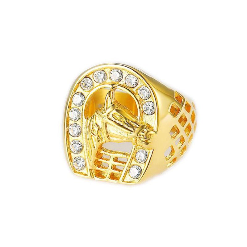 European and American Cross-border New Hip Hop HIPHOP Jewelry Titanium Steel Gold Plated Zircon Horse Head Men Ring