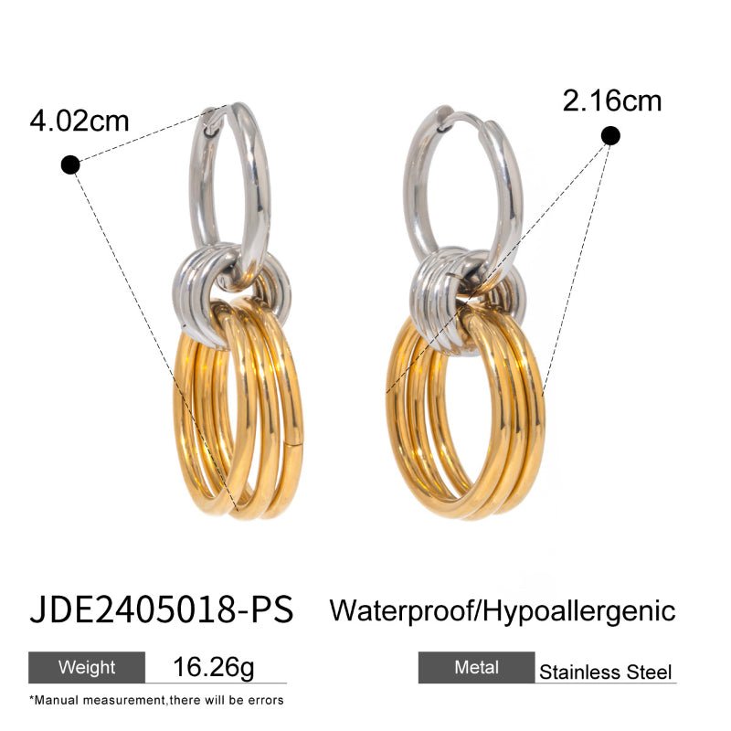 18K Gold Stainless Steel Earrings Color Block Smooth Steel Color Hoop With Three Gold Rings Titanium Steel Earrings