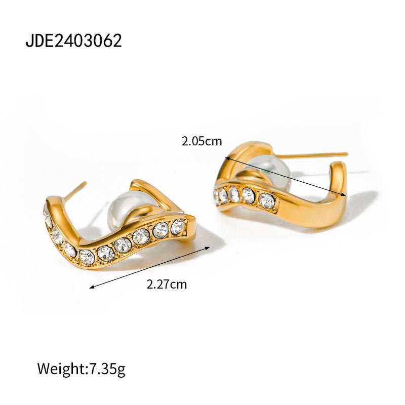 Stainless Steel Imitation Pearl Shell Bead Wave Earrings Jewelry Light Luxury Premium Stud Earrings Titanium Steel Cross Border Jewelry For Women