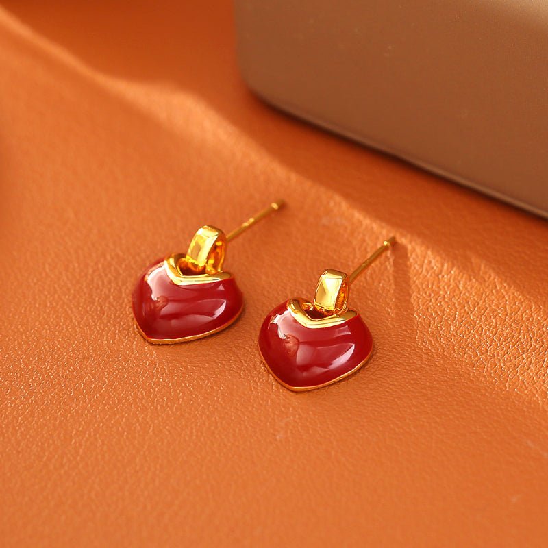 Ankola Red Enamel Drip Heart Stud Earrings Simple Fashion Luxury New Year Festive Jewelry Sweet Heart Necklace
