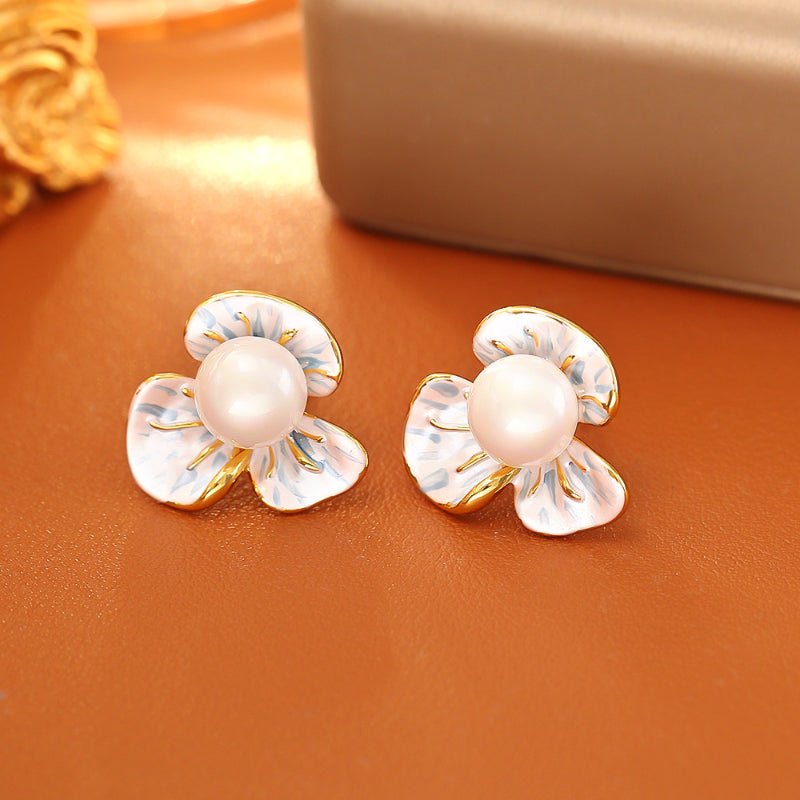 Luxury Enamel Drip Pearl Flower Stud Earrings Fashion Fresh Sweet Elegant Fairy Style Gentle Romantic Earrings