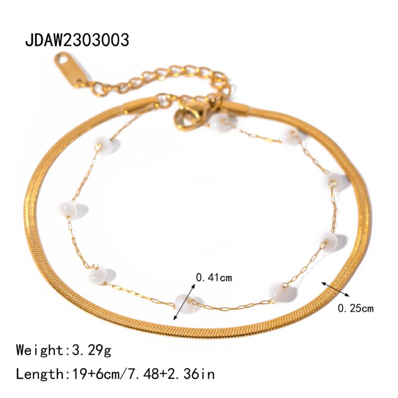 18K Gold Plated Stainless Steel Blade Chain Flat Snake Chain Round Shell Bead Anklet INS Influencer Fashion Anklet