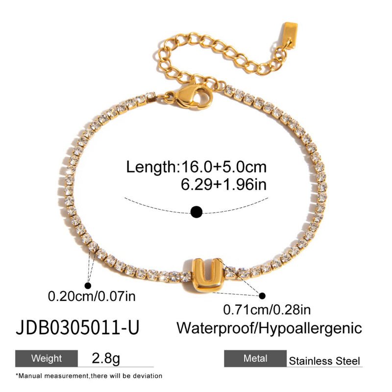 European and American Stainless Steel Rhinestone Letter Bracelet Light Luxury High-End Jewelry Women's Non-Fading Titanium Steel Accessories for Cross-Border Sale