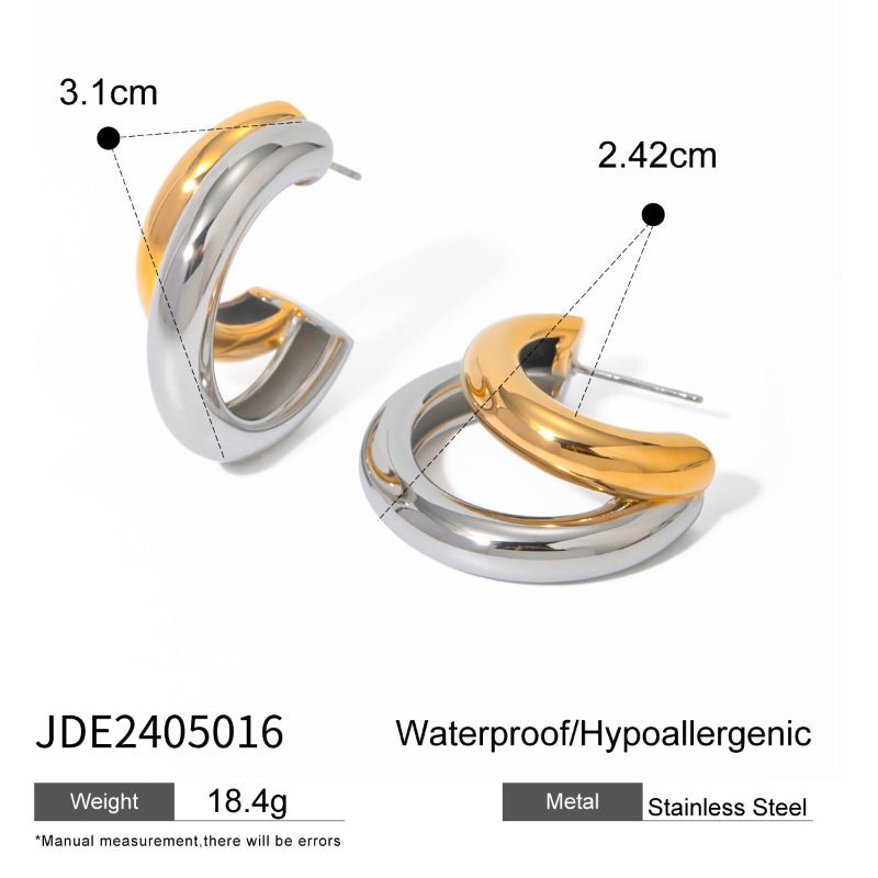 Stainless Steel C Hoop Earrings Two-Tone Color Block High-End Ins Style Titanium Steel Tarnish-Free Ear Studs for Women European American Cross-Border Jewelry