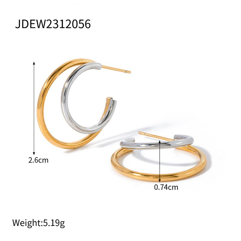 Stainless Steel C Hoop Earrings Two-Tone Color Block High-End Ins Style Titanium Steel Tarnish-Free Ear Studs for Women European American Cross-Border Jewelry