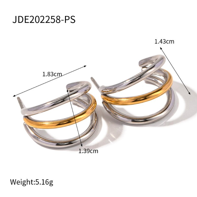 Stainless Steel C Hoop Earrings Two-Tone Color Block High-End Ins Style Titanium Steel Tarnish-Free Ear Studs for Women European American Cross-Border Jewelry