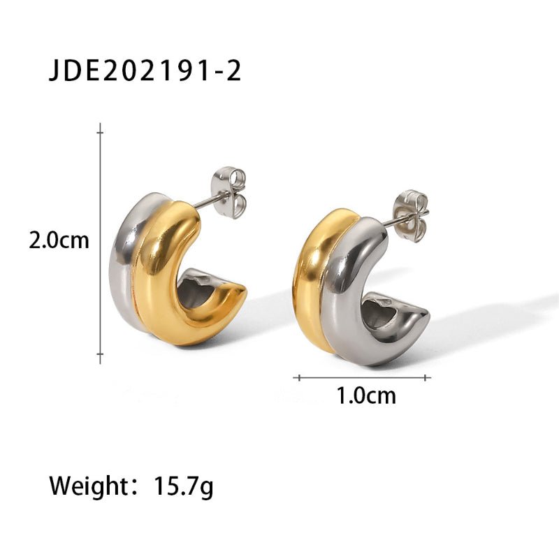 Stainless Steel C Hoop Earrings Two-Tone Color Block High-End Ins Style Titanium Steel Tarnish-Free Ear Studs for Women European American Cross-Border Jewelry