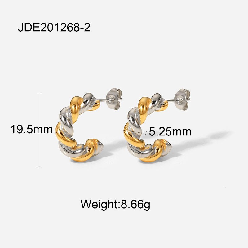 Stainless Steel C Hoop Earrings Two-Tone Color Block High-End Ins Style Titanium Steel Tarnish-Free Ear Studs for Women European American Cross-Border Jewelry