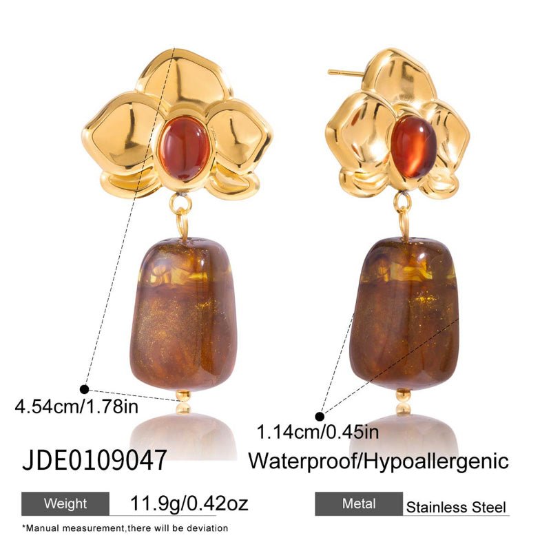 European American Stainless Steel Amber Resin Earrings Light Luxury High-End Tarnish-Free Stud Earrings Women's Ear Jewelry