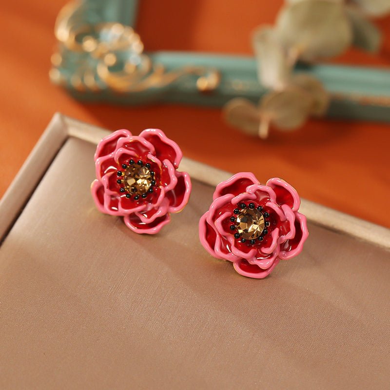 Luxury Red Flower Zircon Stud Earrings Sterling Silver Needle Stereo Design Elegant Fashion Earrings For Women
