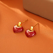 Ankola Red Enamel Drip Heart Stud Earrings Simple Fashion Luxury New Year Festive Jewelry Sweet Heart Necklace