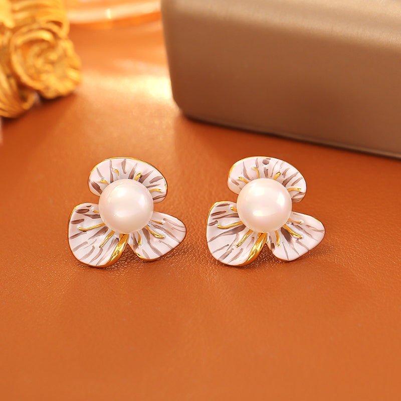 Luxury Enamel Drip Pearl Flower Stud Earrings Fashion Fresh Sweet Elegant Fairy Style Gentle Romantic Earrings
