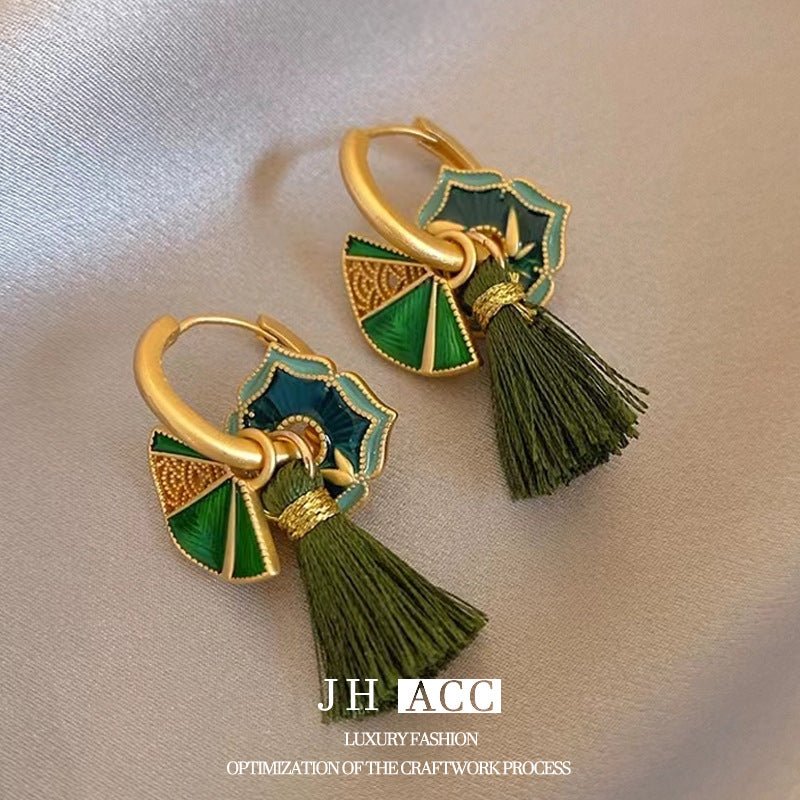 S925 New Chinese Trend Enamel Glaze Fan Earrings Women Niche Luxury Design Multi Wear Style Painted Earrings