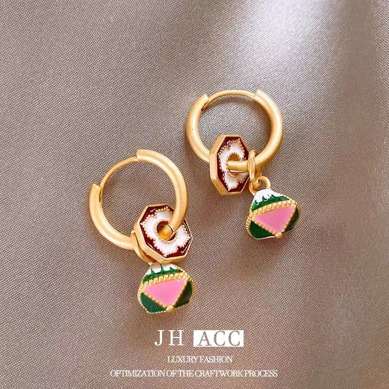S925 New Chinese Trend Enamel Glaze Fan Earrings Women Niche Luxury Design Multi Wear Style Painted Earrings