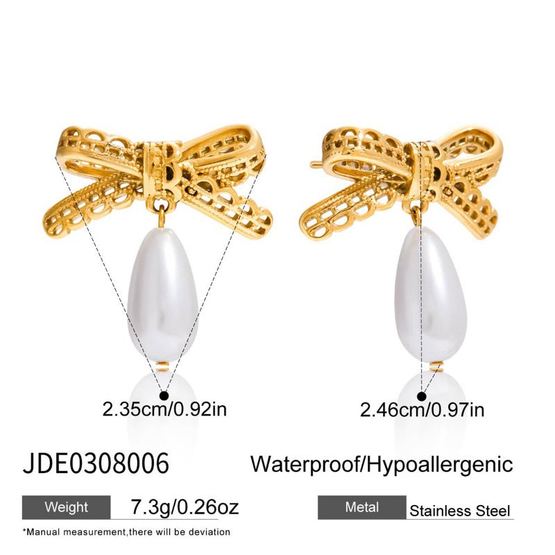 Lace Bow Titanium Steel Faux Pearl Stud Earrings Light Luxury Premium Earrings Stainless Steel Women Jewelry Cross Border