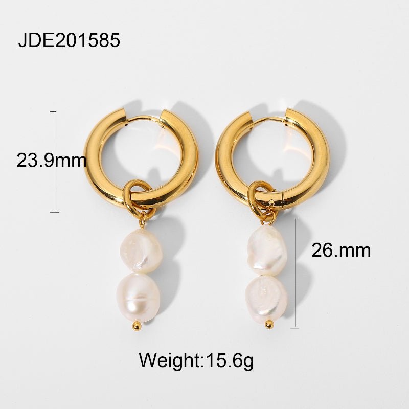 European American INS Influencer Style Earrings 18K Gold Plated Double Freshwater Pearl Pendant Double Layer Gold Plated Stainless Steel Earrings