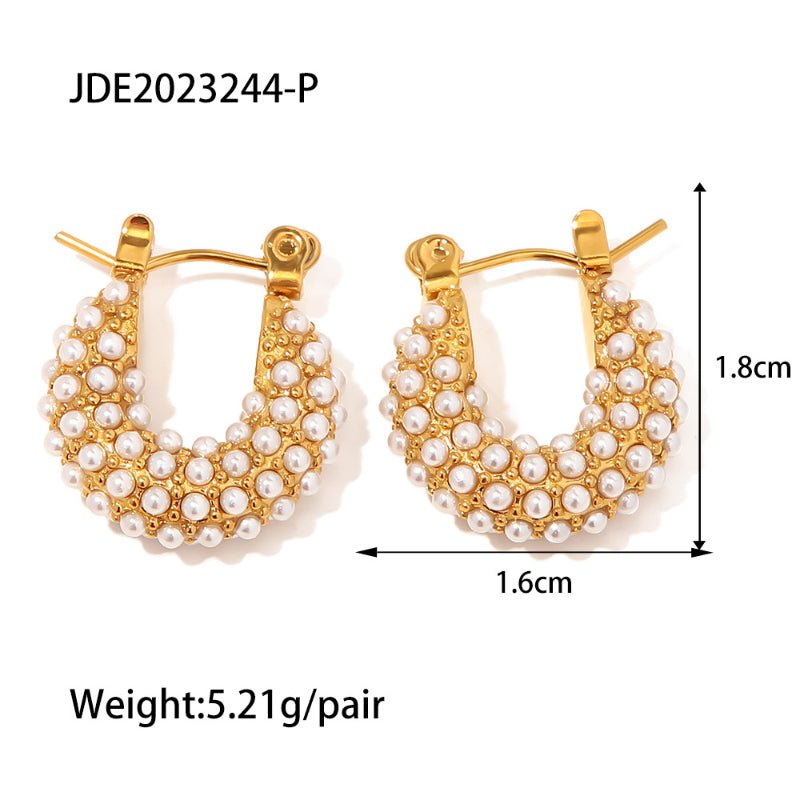 French New Fashion Versatile Earrings 18K Gold Plated Stainless Steel Inlaid White Freshwater Pearl Hoop Earrings