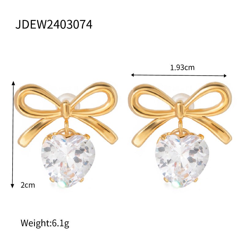 European and American Style Stainless Steel Valentine's Day Bow Earrings High Sense Zircon Heart Earrings Titanium Steel Ear Jewelry Cross Border