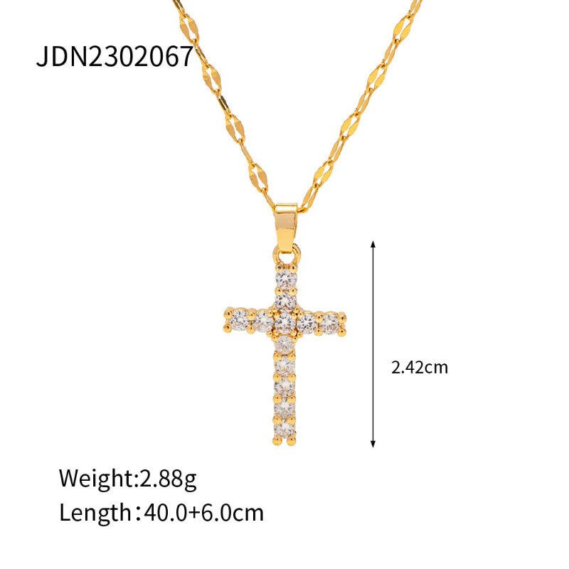 European American Stainless Steel Cross Pendant Necklace Zircon Natural Stone Clavicle Chain Tarnish-Free Titanium Steel Neck Jewelry for Women