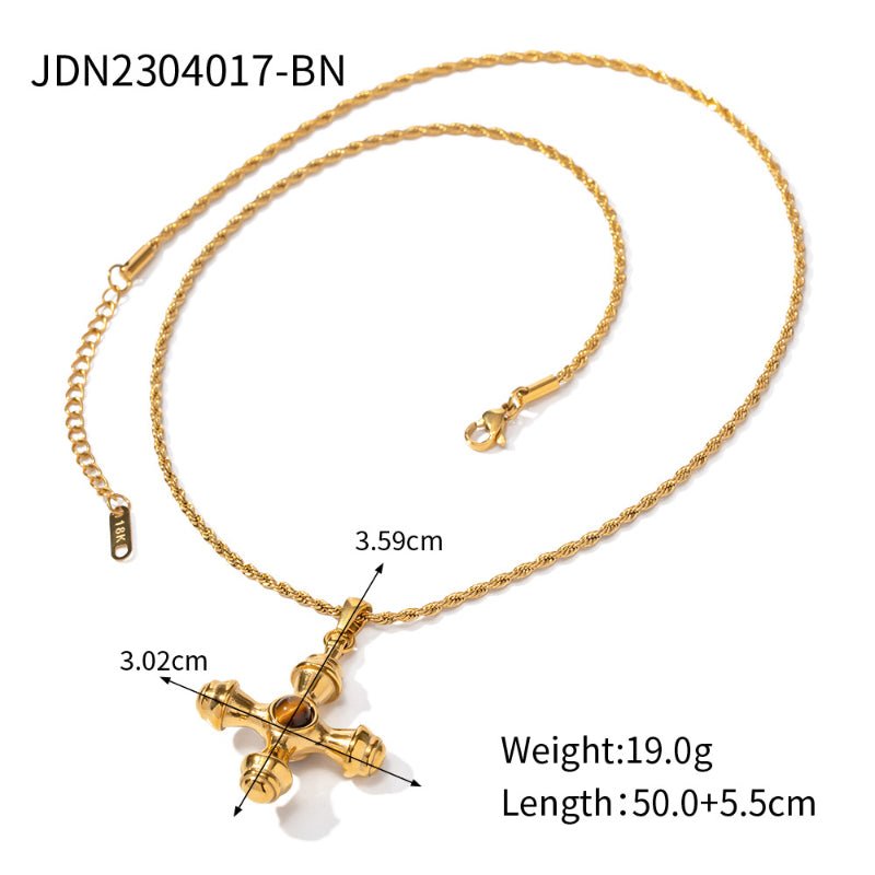 18K Gold Plated Stainless Steel Cross Necklace Tiger Eye Pendant Tarnish-Free Titanium Steel Wholesale Jewelry for Women