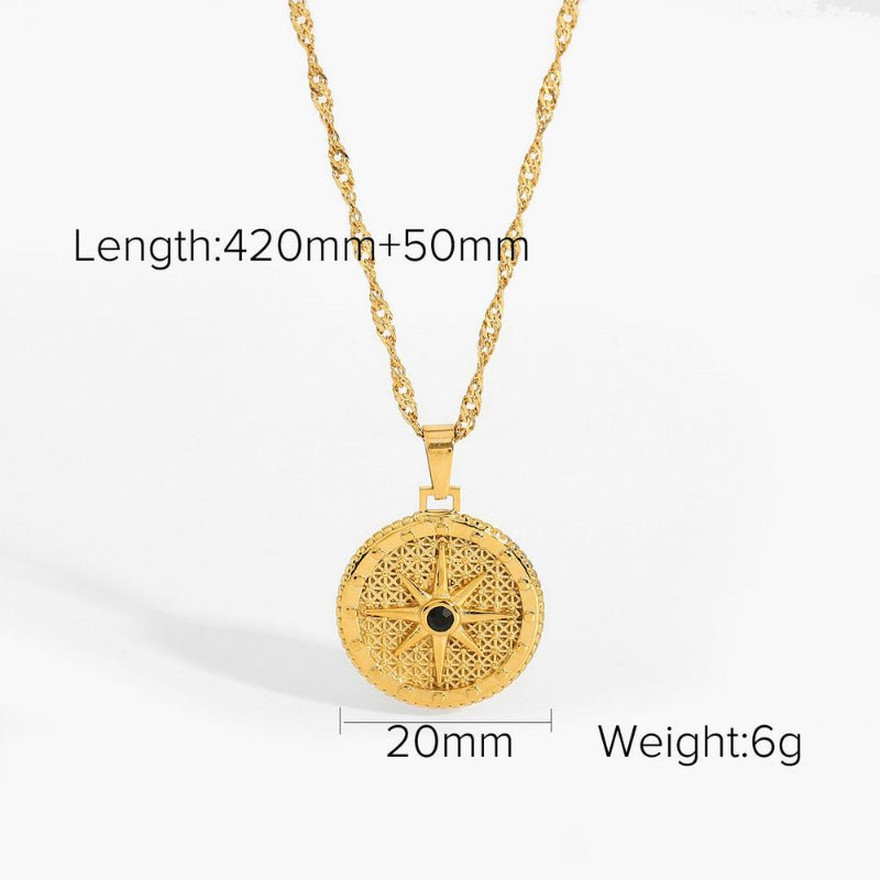 European American Street Trend Men Women Pendant Necklace INS Round Octagram Black Diamond Stainless Steel Water Wave Chain