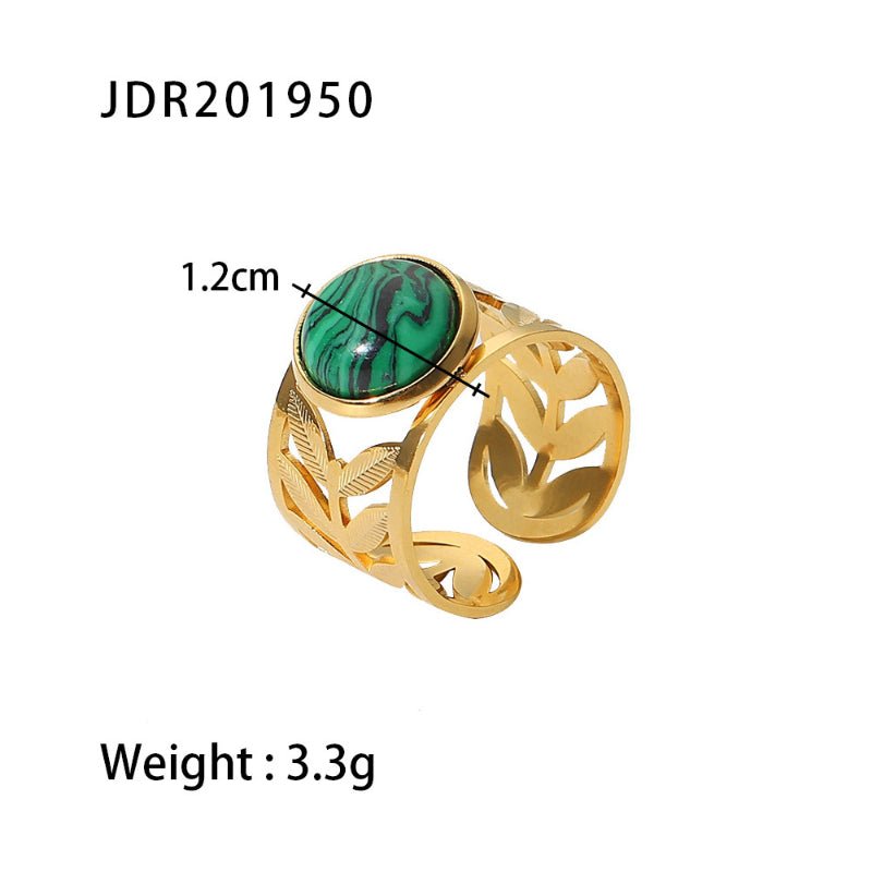 Premium 18K Gold Plated Green Natural Stone Open Ring For Women INS Minimalist Retro Finger Ring Stainless Steel Non Fading
