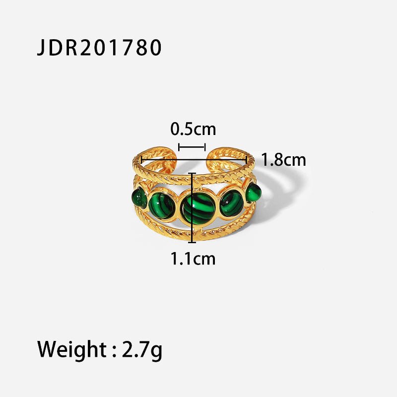 Premium 18K Gold Plated Green Natural Stone Open Ring For Women INS Minimalist Retro Finger Ring Stainless Steel Non Fading