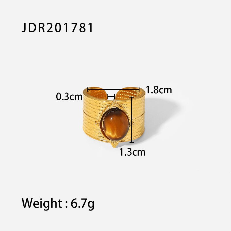 New 18K Gold Natural Stone Tiger Eye Wide Open Ring Stainless Steel Vintage High Quality Women Jewelry Ring