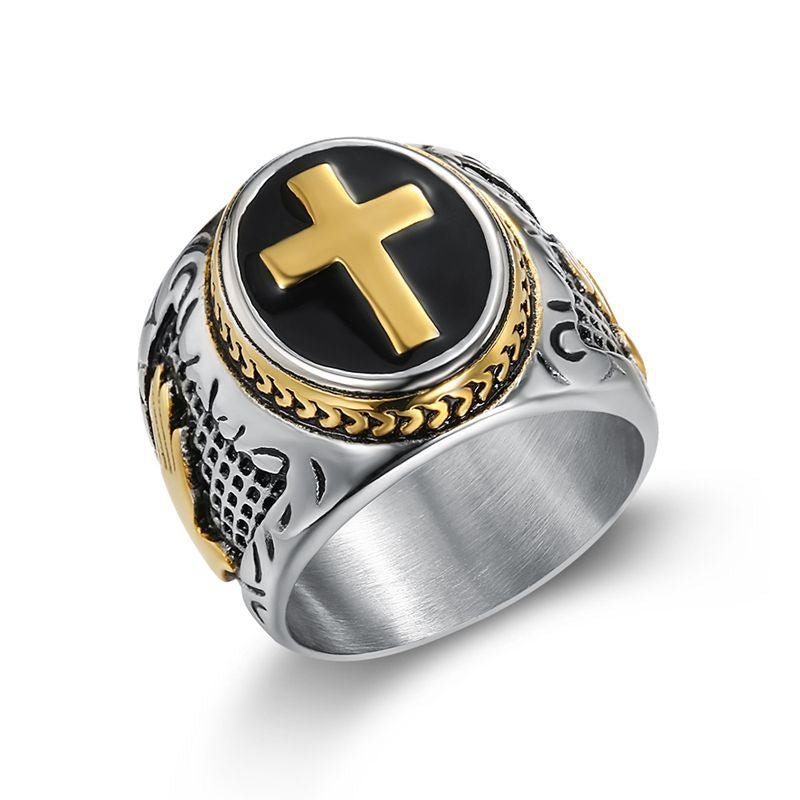 Cross Border New Hip Hop HIPHOP Jewelry Titanium Steel Color Retention Vacuum Gold Plated Hand of God Men Ring