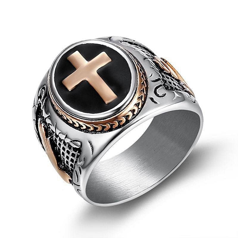 Cross Border New Hip Hop HIPHOP Jewelry Titanium Steel Color Retention Vacuum Gold Plated Hand of God Men Ring