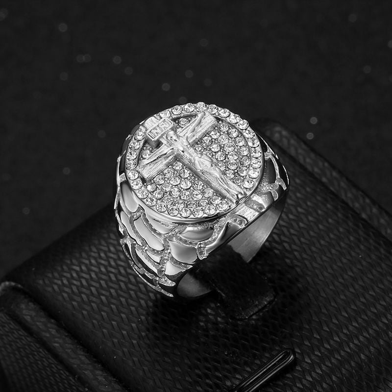 European and American Cross Border New Hiphop Hip Hop Finger Ring Titanium Steel Vacuum Gold Plated Rhinestone Cross Men Ring
