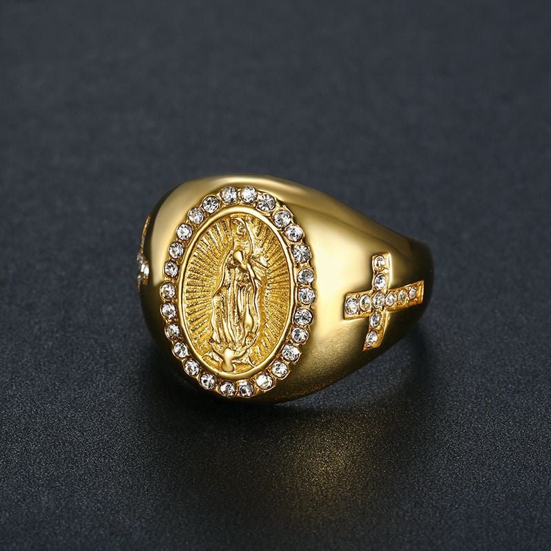 European and American Cross-border New Hiphop HIPHOP Jewelry Titanium Steel Gold Plated Zircon Virgin Mary Men Ring