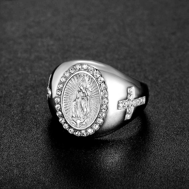 European and American Cross-border New Hiphop HIPHOP Jewelry Titanium Steel Gold Plated Zircon Virgin Mary Men Ring