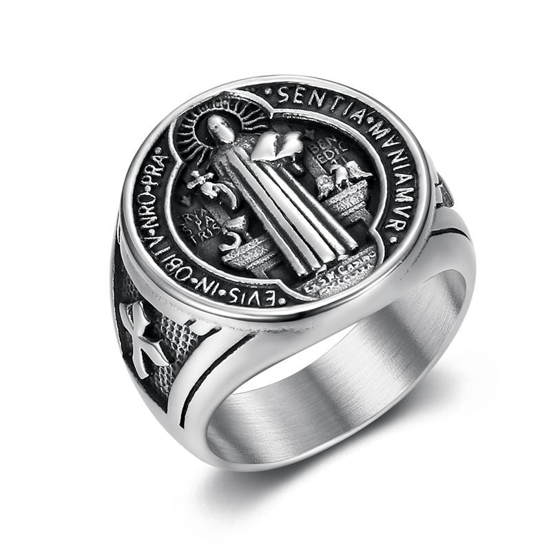 Amazon Hot Selling New Arrival Hip Hop Titanium Steel Jewelry Saint Benedict Exorcism Medal Stainless Steel Gold Plated Men Ring