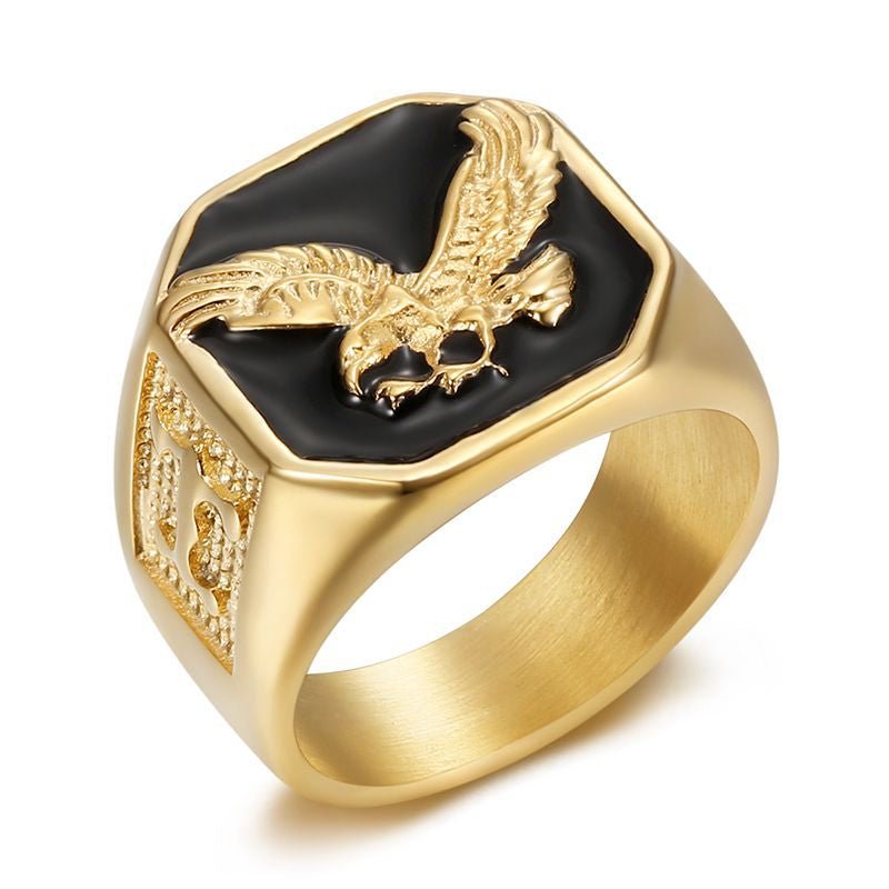 European and American Cross-border New Hot Selling Hip Hop Stainless Steel Gold Plated Enamel Flying Eagle Domineering Men Ring