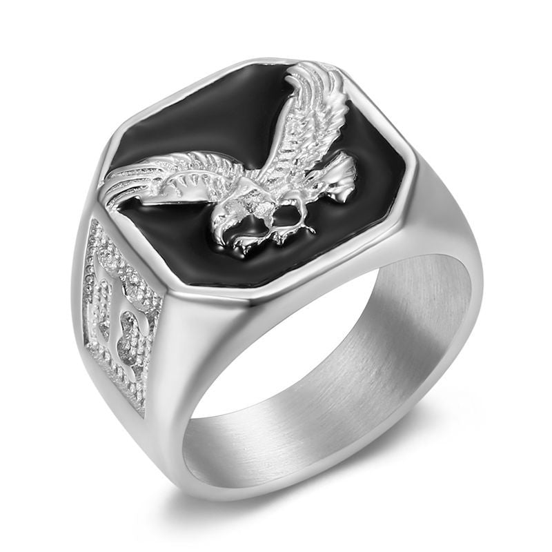 European and American Cross-border New Hot Selling Hip Hop Stainless Steel Gold Plated Enamel Flying Eagle Domineering Men Ring