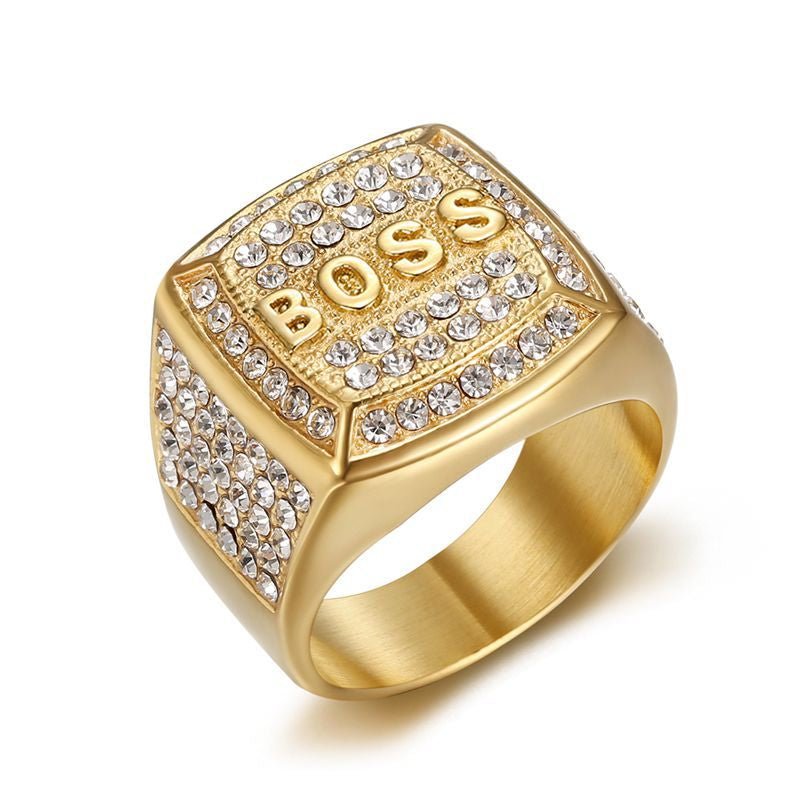 European and American New Hiphop HIPHOP Finger Ring Titanium Steel Vacuum Plated Rhinestone Square BOSS Letter Men Ring