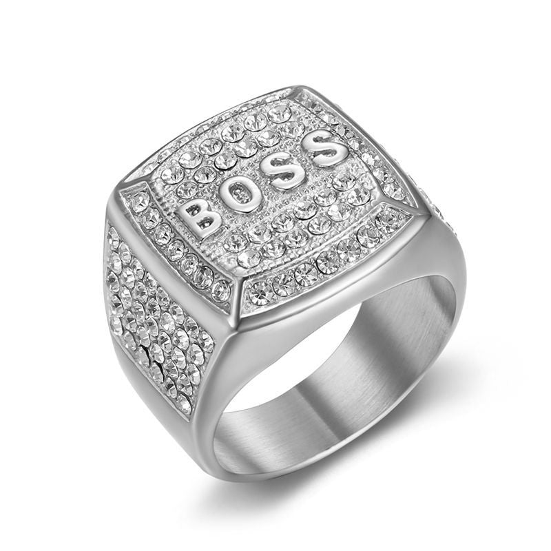 European and American New Hiphop HIPHOP Finger Ring Titanium Steel Vacuum Plated Rhinestone Square BOSS Letter Men Ring