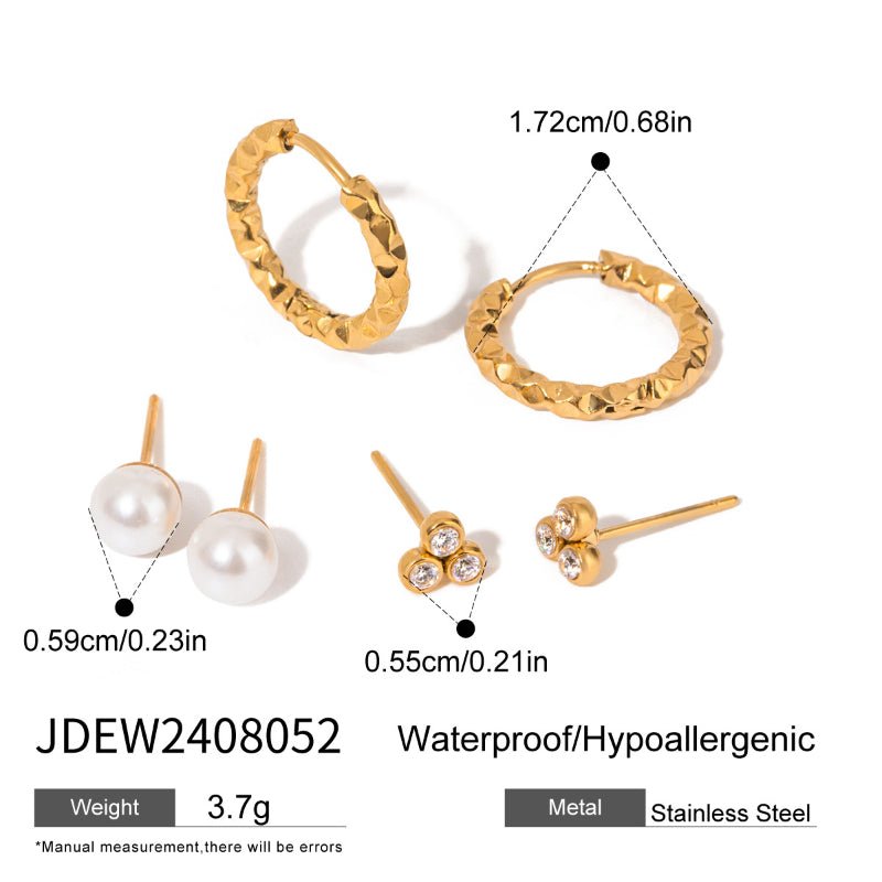 European American 3 Pairs Stainless Steel Zircon Stud Earrings High-End Dainty Pearl Earrings Titanium Steel Cross-Border Ear Jewelry for Women