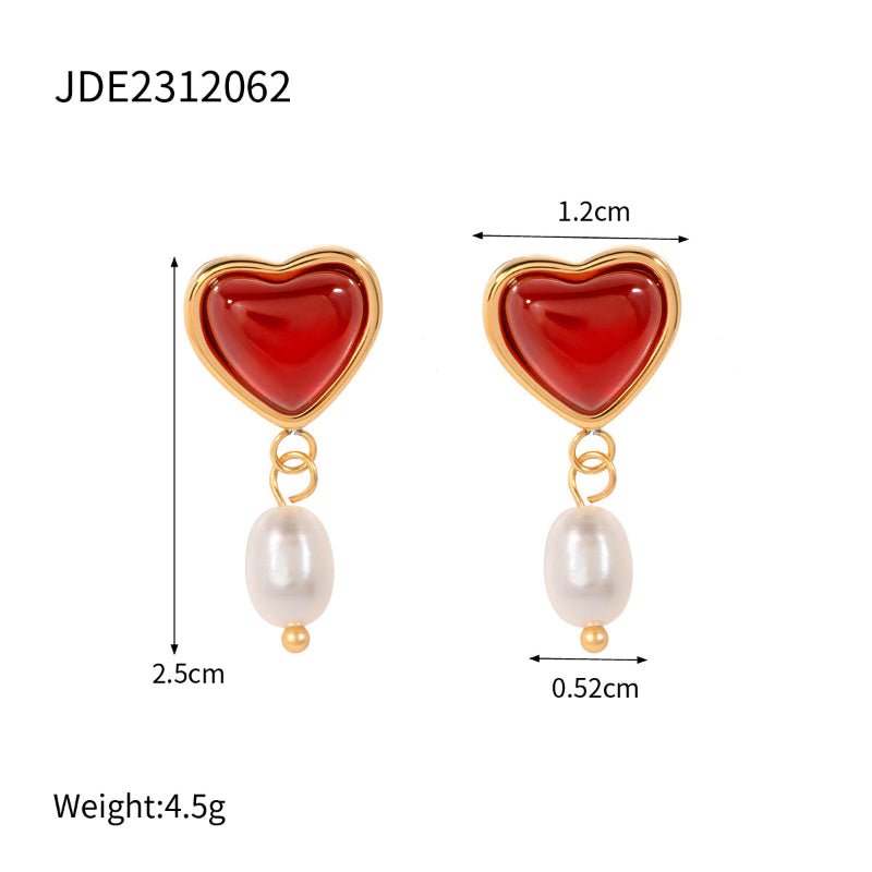 18K Gold Plated Stainless Steel Red Agate Heart Necklace Earrings Ring Set High-End Dainty Pendant INS Style Cross-Border Jewelry for Women