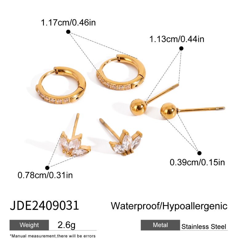 European American 3 Pairs Stainless Steel Zircon Stud Earrings High-End Dainty Pearl Earrings Titanium Steel Cross-Border Ear Jewelry for Women